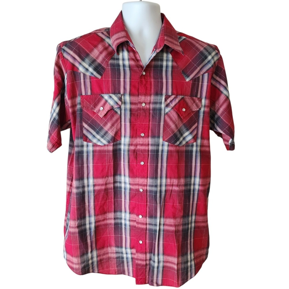 Vintage Plains Western Wear Tall Man Red Plaid Pearl Snap Shirt Men's LT Large